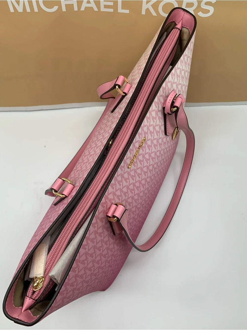 Michael Kors Carnation Ombré Signature Tote with Gold MK Charm